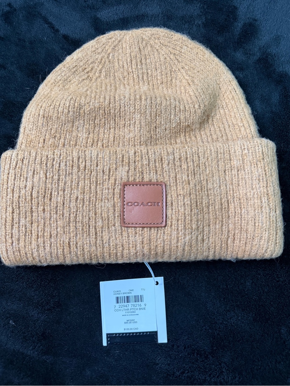 Coach Unisex Ribbed Knit Beanie with Leather Patch - Camel